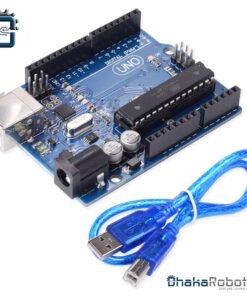 Arduino Uno R3with cable sold exclusively by Dhaka Robotics in Bangladesh.
